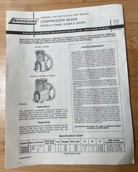 2z499a Speedaire 2z630a Compressor Heads Assembly Instructions And Part Manual 2z498a 630