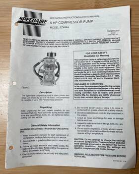 5z404a Speedaire 5z400a 5hp Compressor Pump Parts/operating Instructions Manual 5z404a Speedaire 5z400a 5hp Compressor Pump Parts/operating Instructions Manual