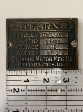 14411 Stearns Motor Brass Tag Name Plate Mfg Model Deluxe Plant #14411 V 32 Watts 850