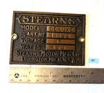 Brass Tag Name Plate Stearns Motor Mfg Model Deluxe Plant # 14480 V 32 Watt 850. Fixed Price $34.99.