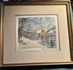 Vintage Signed Hans Figura Print On Silk?material- Little Church-frame. Fixed Price $75.00.