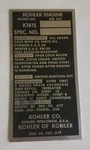 Kohler K181S Engine Id Plate - Brand New! / Antique Vintage Garden Tractor. Fixed Price $35.00.