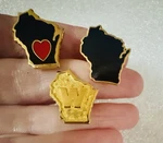 Wisconsin Shaped Lapel Hat Lot (3 Pins) Black W/ Heart, Gold W, Solid. Fixed Price $29.95.