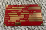 Fairbanks, Morse & Co Ac Motor Tag Badge Plaque Emblem 5" X 3". Fixed Price $17.50.
