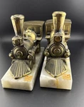 Vtg New Diamond Train Bookends Brass Gilded Bronze Onyx Base Steam Engine Pair. Fixed Price $35.00.