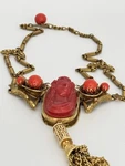 Vintage 1920S-1930S Art Deco Czech Faux Coral Cameo Brass Tassel Necklace. Fixed Price $225.00.